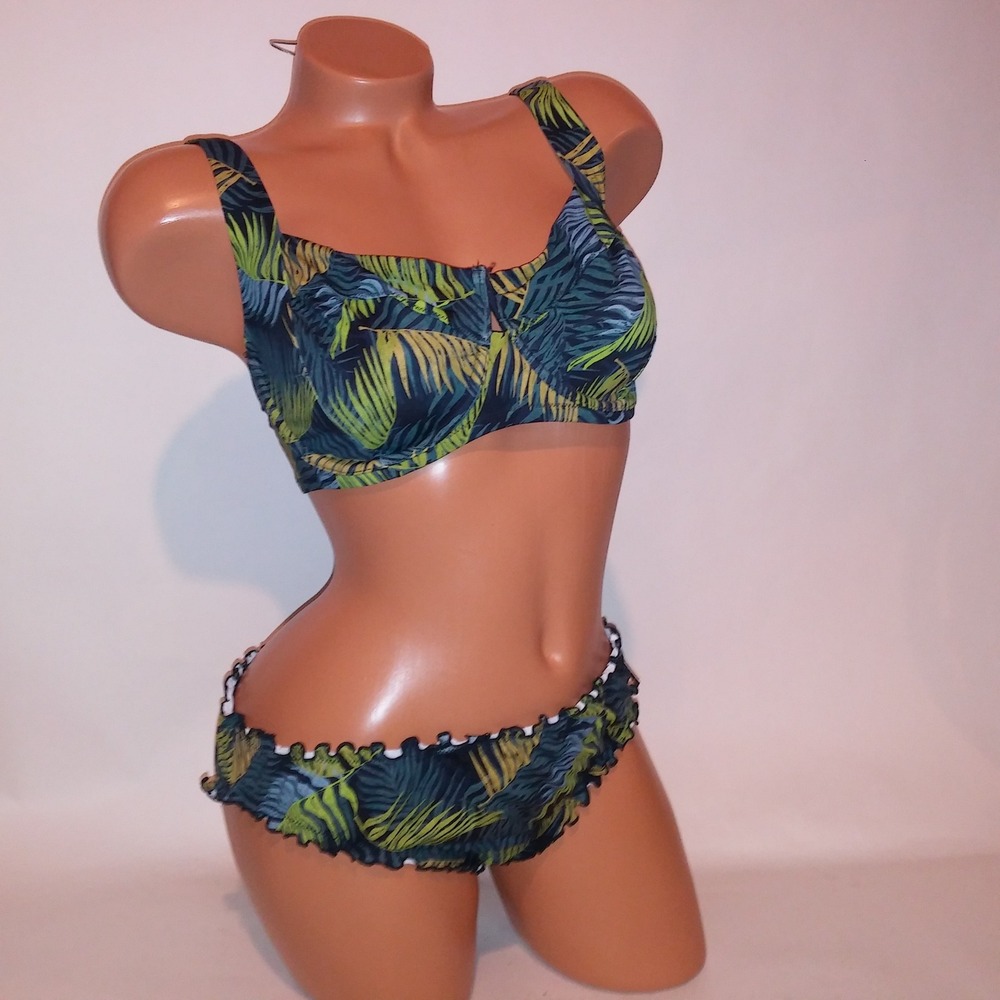 Victoria Secret Swim Bikini 36DDD Top Large Cheeky Bottom Black Green Ruffle
